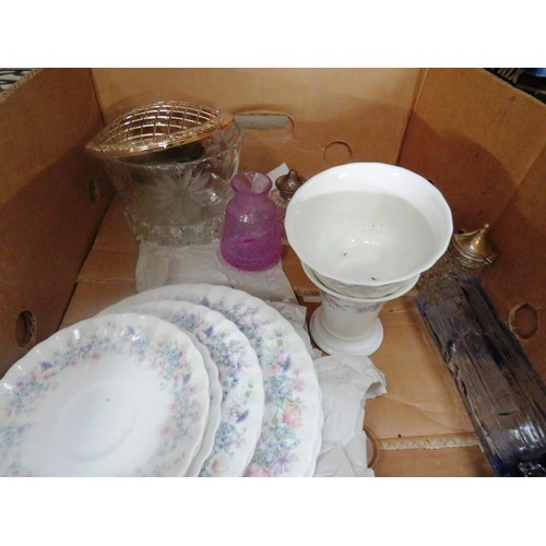 381 - BOX OF GLASSWARE, PLATES AND CUPS