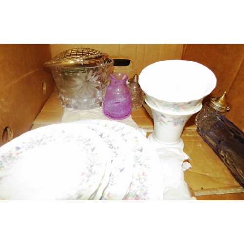 381 - BOX OF GLASSWARE, PLATES AND CUPS