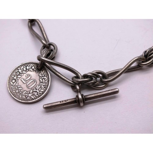 323 - ANTIQUE POCKET WATCH ALBERT CHAIN WITH FOBS AND KEY, STERLING SILVER HALLMARKED BAR