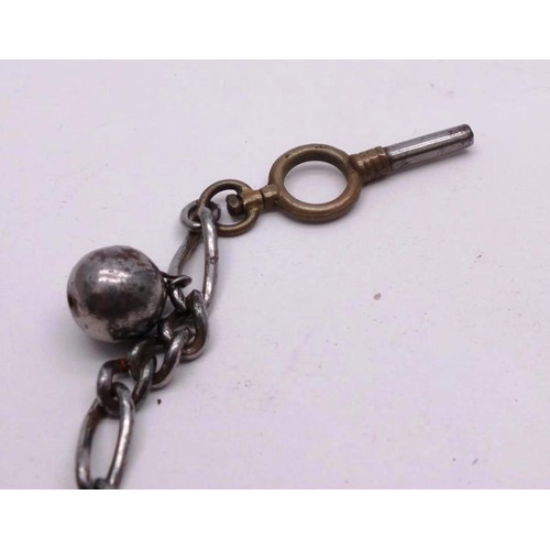 323 - ANTIQUE POCKET WATCH ALBERT CHAIN WITH FOBS AND KEY, STERLING SILVER HALLMARKED BAR