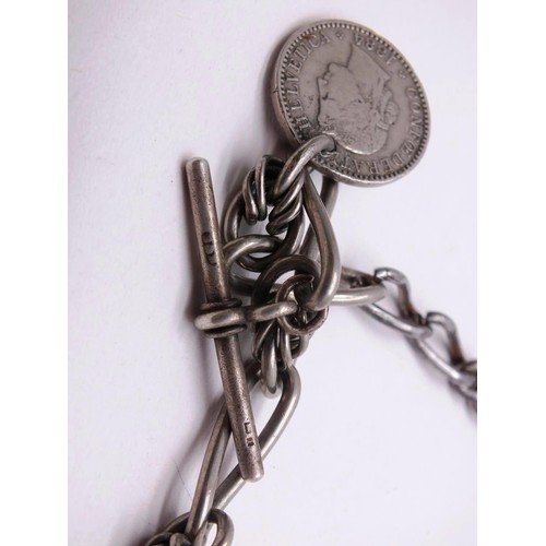 323 - ANTIQUE POCKET WATCH ALBERT CHAIN WITH FOBS AND KEY, STERLING SILVER HALLMARKED BAR