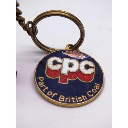 327 - VINTAGE BRASS DAVY MINERS LAMP KEYRING AND ENAMEL CPC PART OF BRITISH COAL FOB