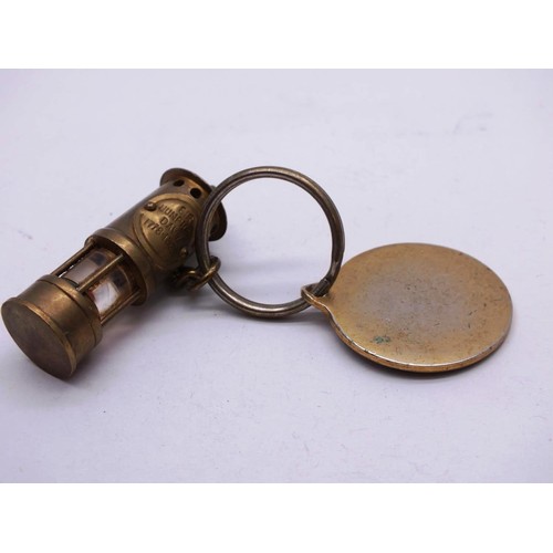 327 - VINTAGE BRASS DAVY MINERS LAMP KEYRING AND ENAMEL CPC PART OF BRITISH COAL FOB