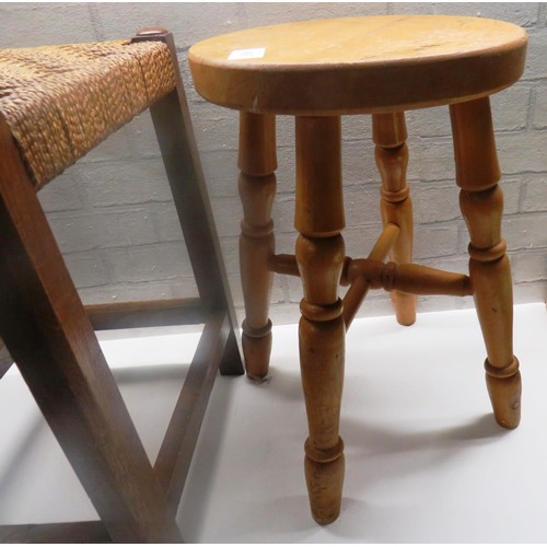 303 - VINTAGE OAK FARMHOUSE STOOL, PINE STOOL & WOVEN SEAT STOOL