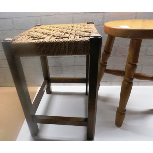 303 - VINTAGE OAK FARMHOUSE STOOL, PINE STOOL & WOVEN SEAT STOOL