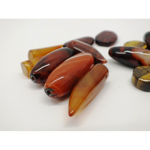 330 - 16 LARGE GEMSTONE BEADS, AGATE, TIGER EYE & BANDED CARNELIAN