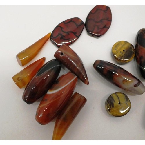 330 - 16 LARGE GEMSTONE BEADS, AGATE, TIGER EYE & BANDED CARNELIAN