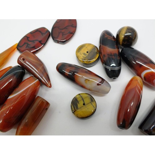 330 - 16 LARGE GEMSTONE BEADS, AGATE, TIGER EYE & BANDED CARNELIAN