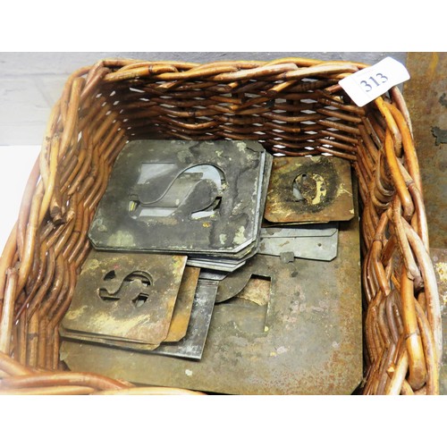 313 - SMALL WICKER BASKET AND METAL LETTER STENCILS