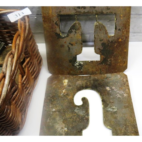 313 - SMALL WICKER BASKET AND METAL LETTER STENCILS