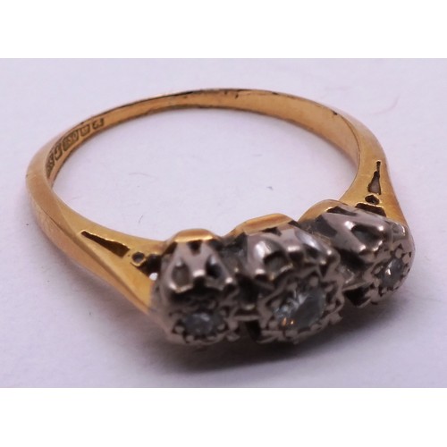 403 - 18CT GOLD AND TRIPLE DIAMOND LADIES RING - SIZE J- 2.41G