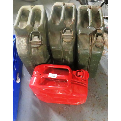 485 - THREE JERRY CANS AND RED METAL PETROL CAN