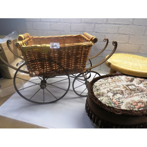 567 - WOODEN CHILDS NURSERY STOOL, TAPESTRY FOOT STOOL & PRAM BASKET