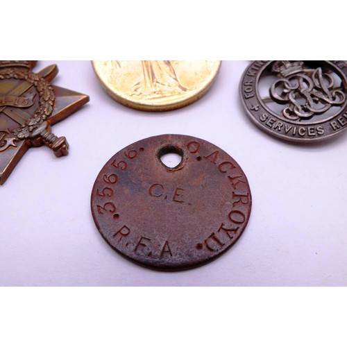 388A - WWI TRIO R.A.R.F.A DVR356556 O.W.ACKROYD WITH ID TAG, SILVER WAR BADGE WITH NUMBER