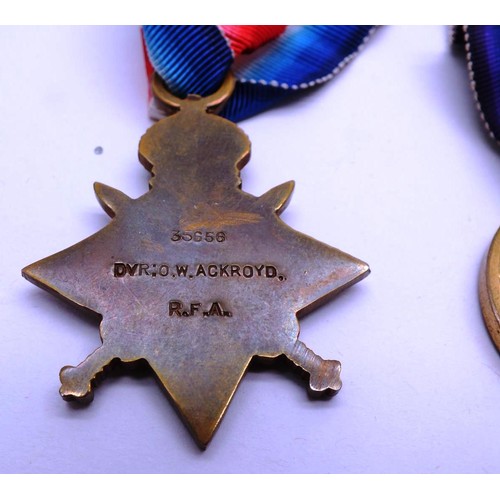 388A - WWI TRIO R.A.R.F.A DVR356556 O.W.ACKROYD WITH ID TAG, SILVER WAR BADGE WITH NUMBER