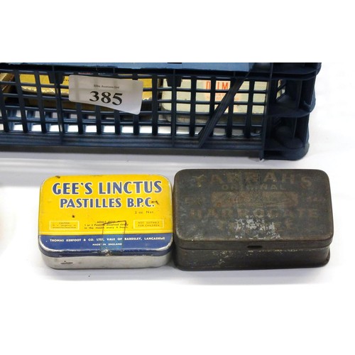 385 - BOX OF PELLET TINS & ADVERTISING