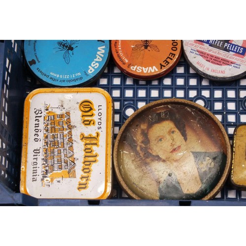 385 - BOX OF PELLET TINS & ADVERTISING