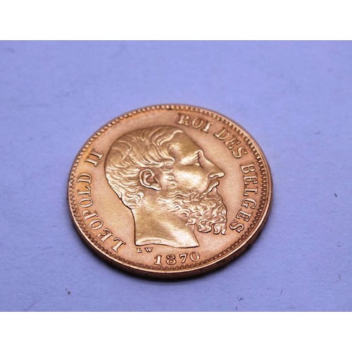 477 - LEOPOLD II 1870 20 BELGIAN FRANC GOLD COIN-6.4G