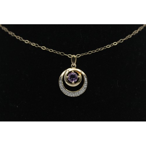 52 - 9ct gold vintage amethyst & diamond double circle pendant necklace (2.4g)