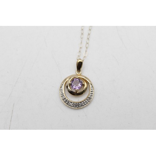 52 - 9ct gold vintage amethyst & diamond double circle pendant necklace (2.4g)