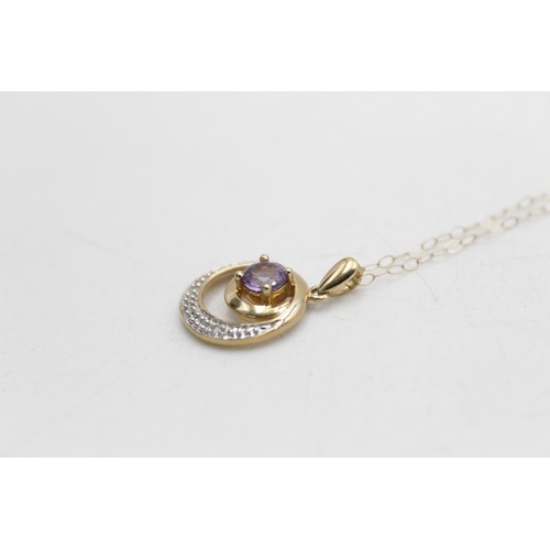 52 - 9ct gold vintage amethyst & diamond double circle pendant necklace (2.4g)