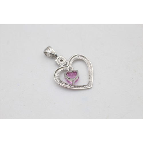 100 - 9ct white gold heart cut pink sapphire & diamond open heart pendant (0.9g)