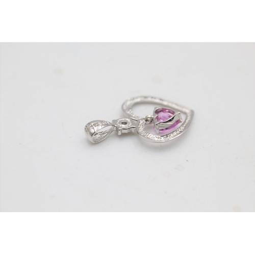 100 - 9ct white gold heart cut pink sapphire & diamond open heart pendant (0.9g)