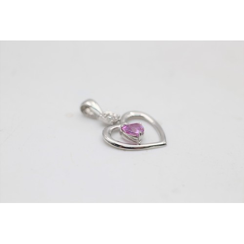 100 - 9ct white gold heart cut pink sapphire & diamond open heart pendant (0.9g)