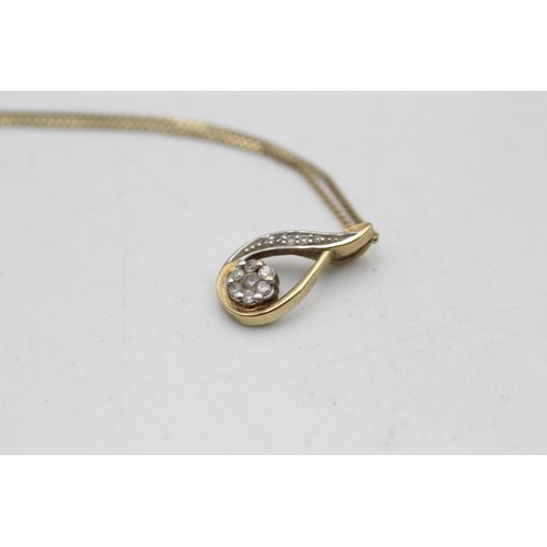 112 - 9ct gold vintage diamond open teardrop pendant necklace (1.6g)