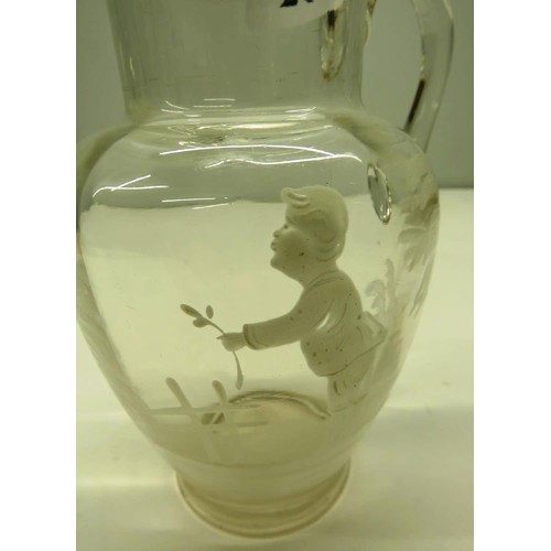 287 - ANTIQUE MARY GREGORY CLEAR GLASS JUG WITH ENAMEL DECORATION, HEIGHT 17cm