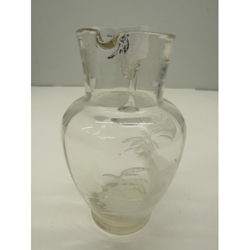 287 - ANTIQUE MARY GREGORY CLEAR GLASS JUG WITH ENAMEL DECORATION, HEIGHT 17cm