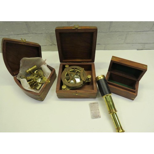 420 - BRASS NAUTICAL SEXTANT, TELESCOPE AND NAUTICAL COMPASS (GLASS BROKEN) ALL IN WOODEN BOXES