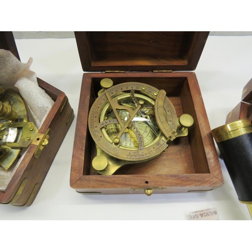 420 - BRASS NAUTICAL SEXTANT, TELESCOPE AND NAUTICAL COMPASS (GLASS BROKEN) ALL IN WOODEN BOXES