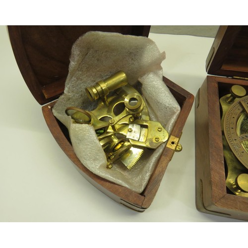 420 - BRASS NAUTICAL SEXTANT, TELESCOPE AND NAUTICAL COMPASS (GLASS BROKEN) ALL IN WOODEN BOXES