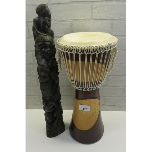 422 - CARVED EBONY AFRICAN MAKUNDE FAMILY TREE SCULPTURE AND AFRICAN DRUM