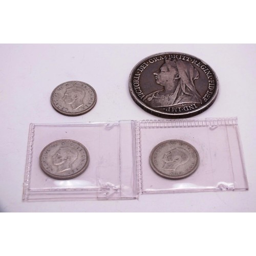 241 - 1896 VICTORIA SILVER CROWN AND 3 SILVER  6D COINS