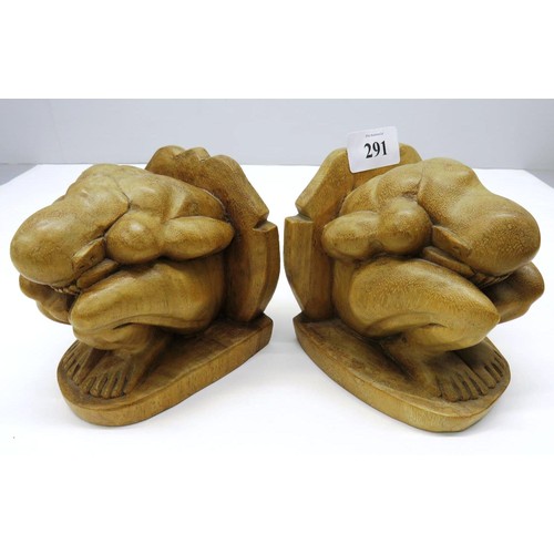 291 - WOOD CARVED WEEPING BUDDHA BOOKENDS