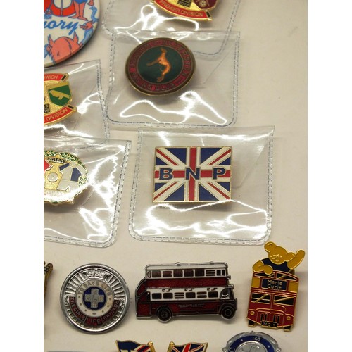 246 - FORTY VARIOUS BADGES, INCLUDES BUTLINS, FOOTBALL ETC