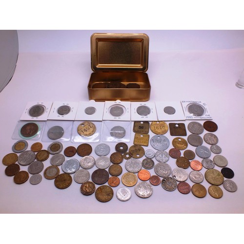 251 - REPLICA WWI SOLDIERS TIN FULL OF VARIOUS COINS/ TOKENS