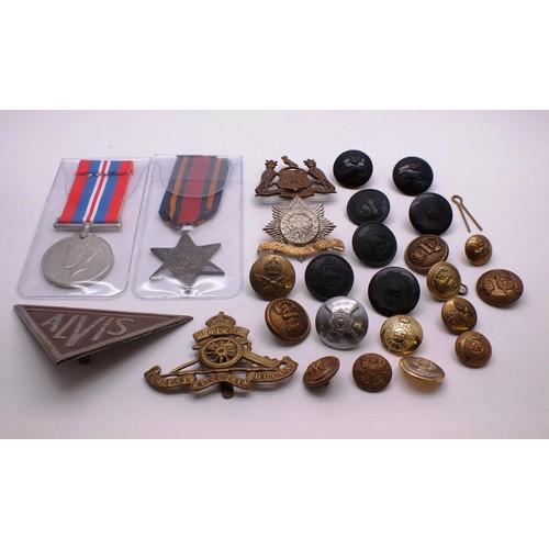 256 - VARIOUS MEDALS, BADGES AND BUTTONS ETC