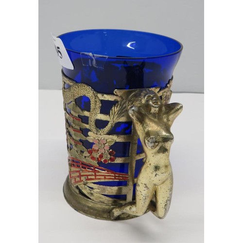 295 - VINTAGE ORIENTAL DESIGN TANKARD WITH NAKED LADY HANDLE AND COBALT BLUE GLASS