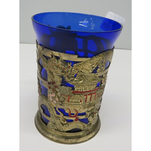 295 - VINTAGE ORIENTAL DESIGN TANKARD WITH NAKED LADY HANDLE AND COBALT BLUE GLASS