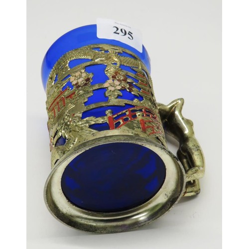 295 - VINTAGE ORIENTAL DESIGN TANKARD WITH NAKED LADY HANDLE AND COBALT BLUE GLASS