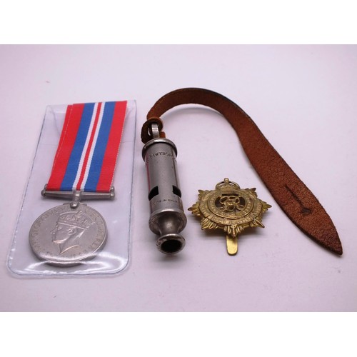 253 - OLD METROPOLITAN POLICE WHISTLE AND WWII SERVICE MEDAL