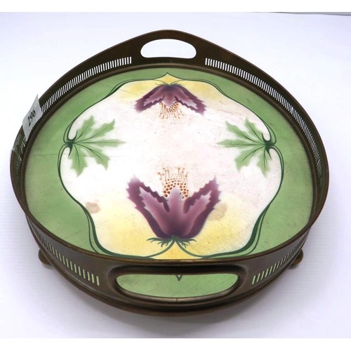 296 - ART NOUVEAU BRASS AND ENAMEL GALLERY TRAY