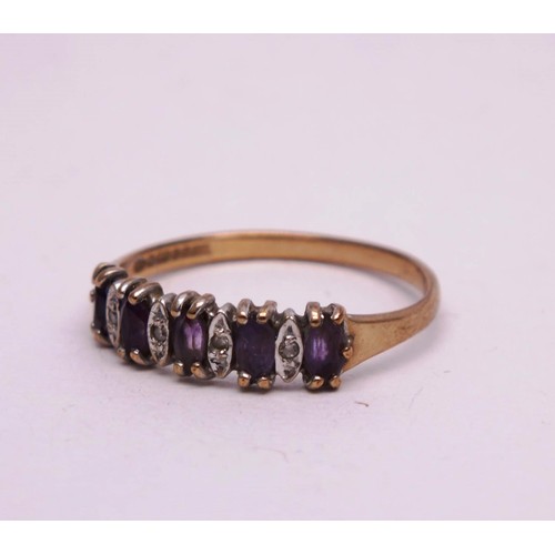 276 - 9CT GOLD DIAMOND AND AMETHYST RING SIZE L, 1.3g