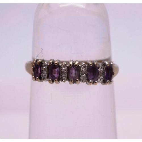 276 - 9CT GOLD DIAMOND AND AMETHYST RING SIZE L, 1.3g