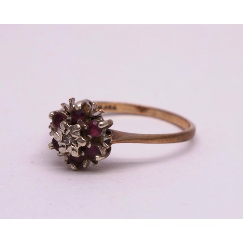 274 - 9ct GOLD RUBIES AND DIAMOND CLUSTER RING SIZE L, 1.6g