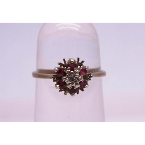 274 - 9ct GOLD RUBIES AND DIAMOND CLUSTER RING SIZE L, 1.6g