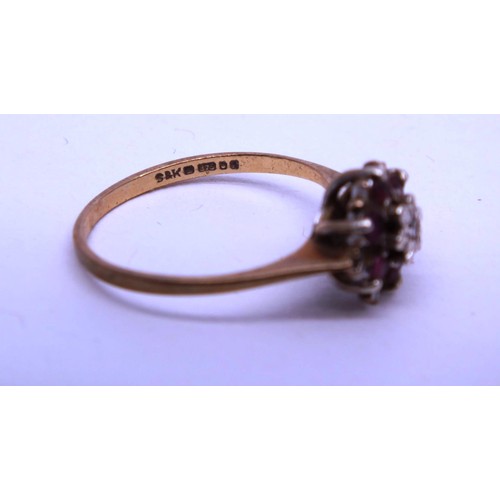 274 - 9ct GOLD RUBIES AND DIAMOND CLUSTER RING SIZE L, 1.6g